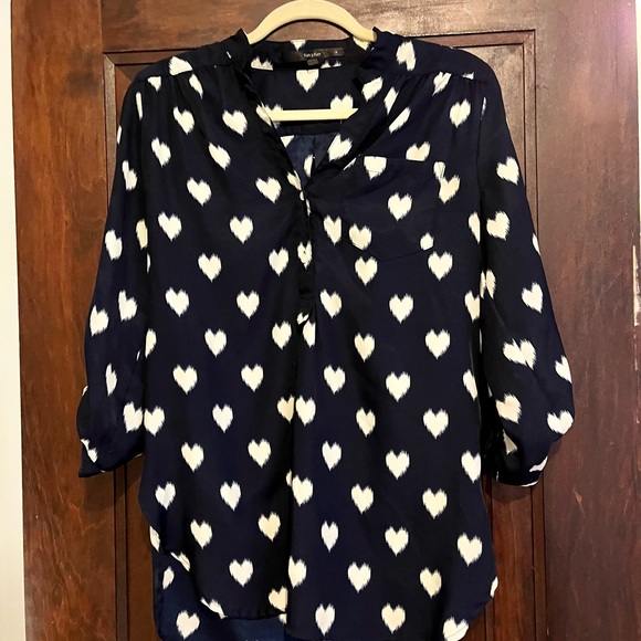 Fun2Fun Colibri Heart Print Tab-Sleeve Blouse, navy blue & white, size M - Picture 3 of 4